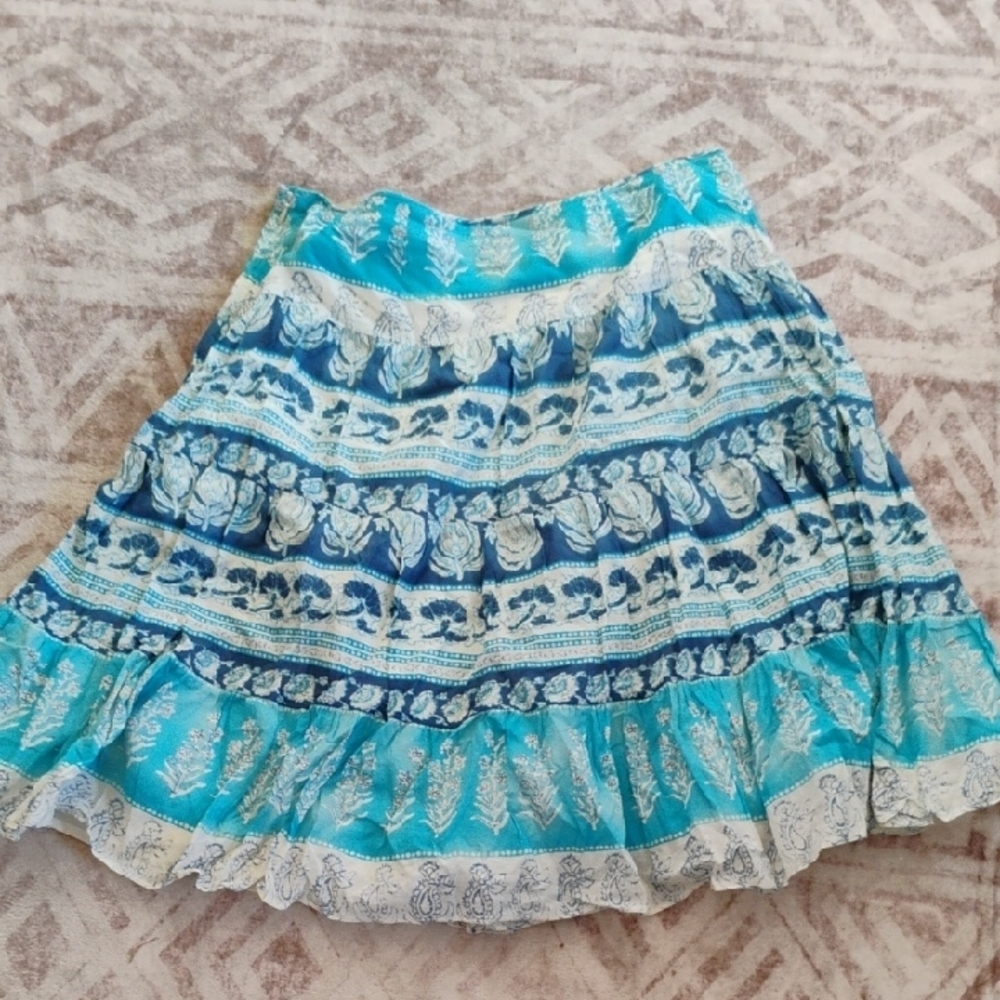 Chaps Teal and Cream Patterned A-Line Skirt
